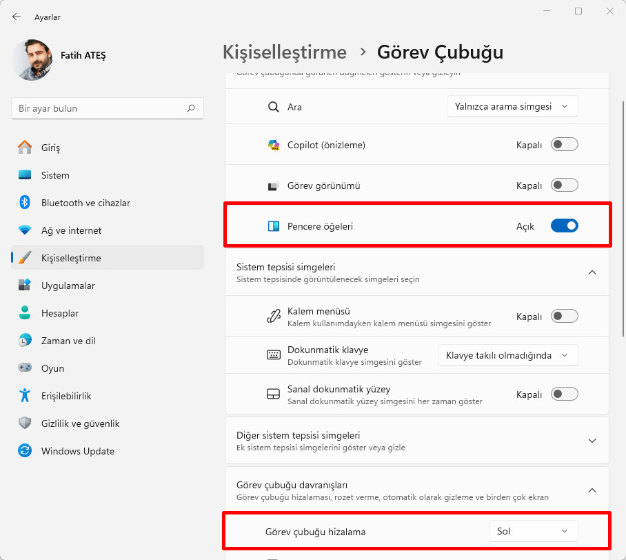 Görev Çubuğunun Sağına Widget'ları Hizalama