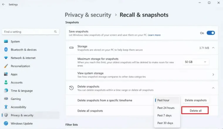Recall Anlık Görüntülerini Silmek