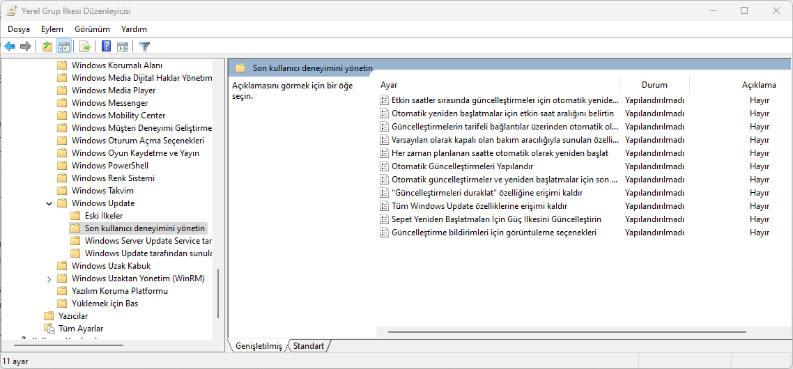 Windows 11'de Grup İlkesi'nden Otomatik Güncellemeleri Kapatma