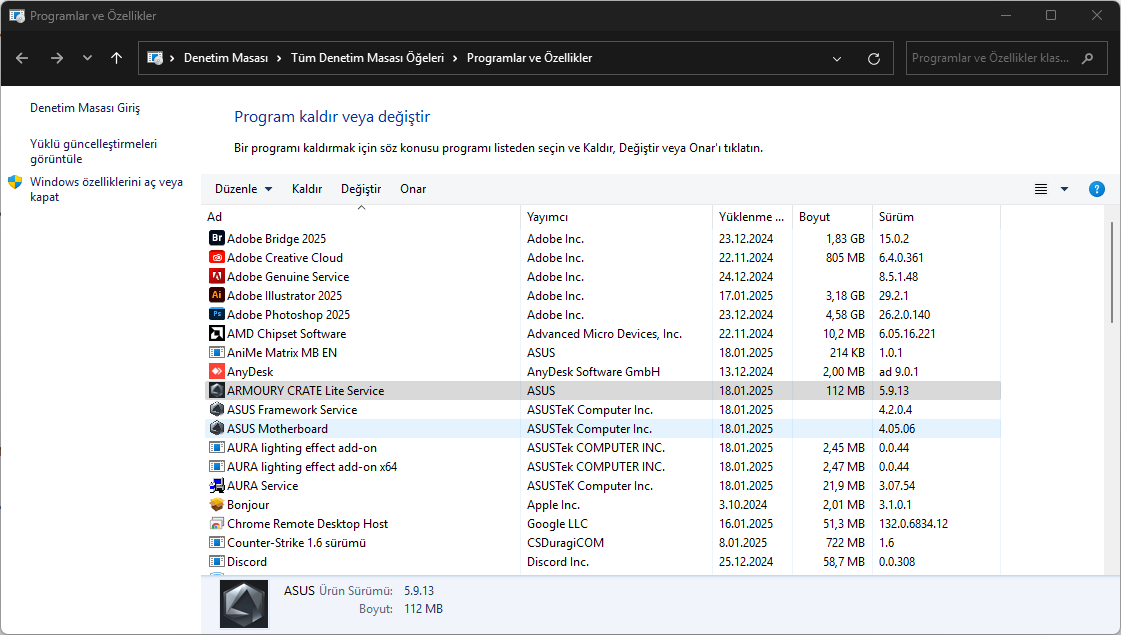 ASUS Armoury Crate Kaldırma
