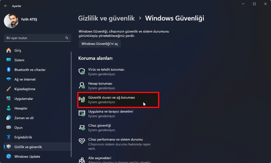 Windows 11 Güvenlik Duvarı Kapatma