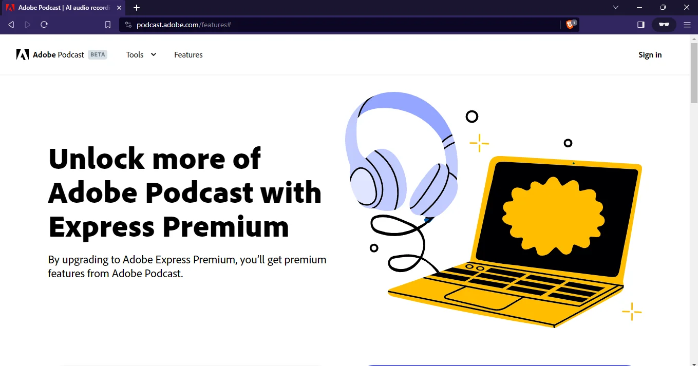 Adobe Podcast sitesine giriş yapma sorununu gösteren bir ekran görüntüsü.