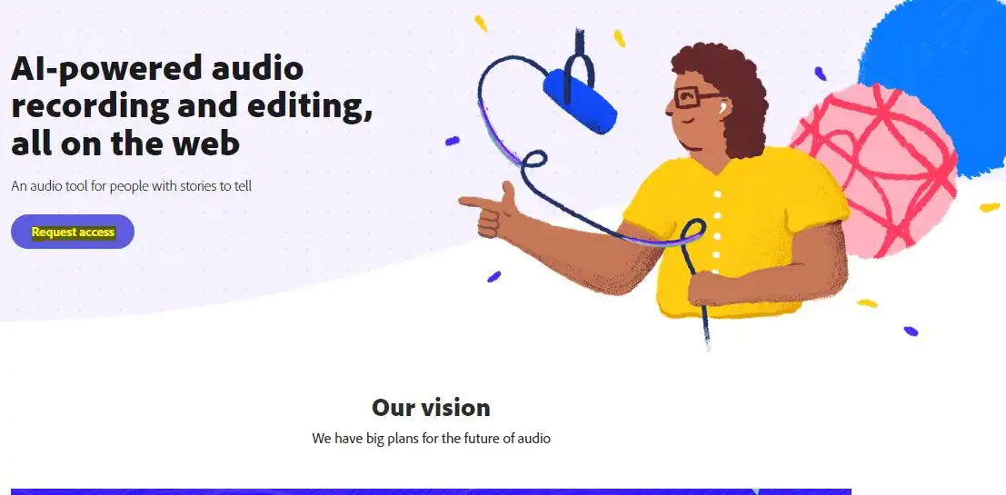Adobe Podcast platformunun erişilebilirlik özelliklerini gösteren bir grafik.