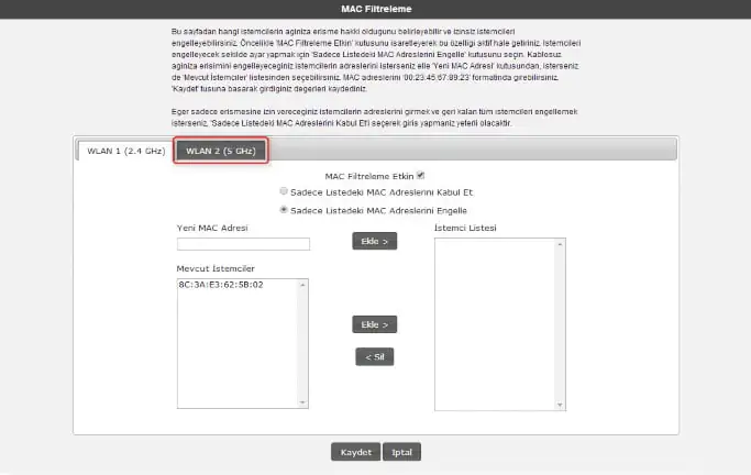 AirtTies Air 5750 MAC Filtreleme Yöntemleri