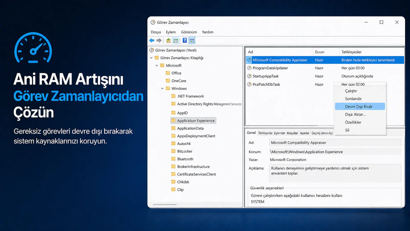 Windows Görev Zamanlayıcı’da Microsoft Compatibility Appraiser ve tanılama görevlerini devre dışı bırakma ekranı