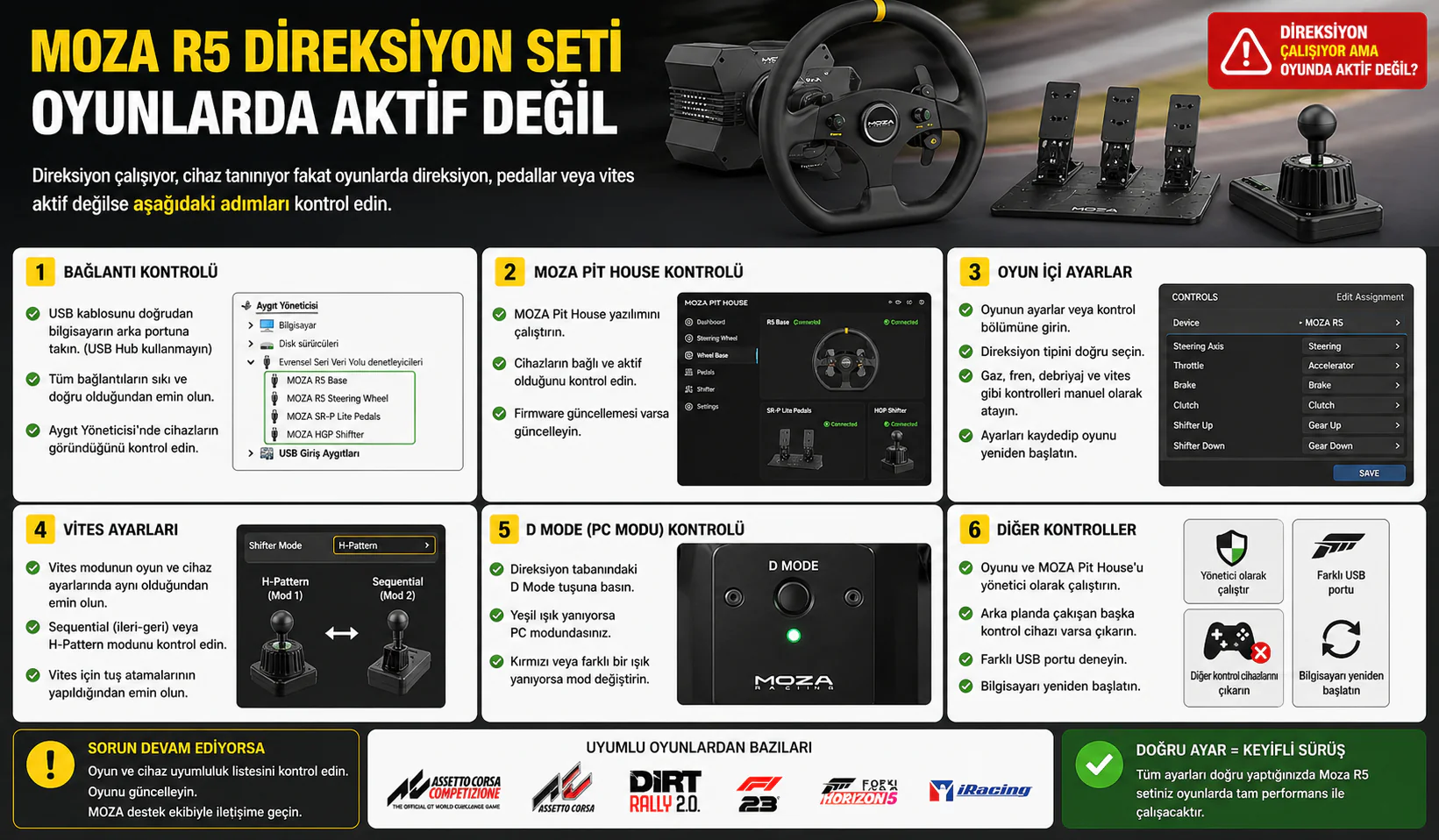 Moza R5 direksiyon seti oyunlarda aktif değil sorununu gösteren ürün ve bağlantı görseli