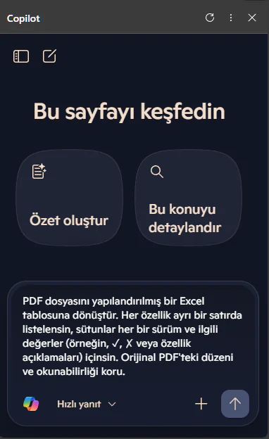 Copilot ile PDF Dosyasını Excele Çevirme