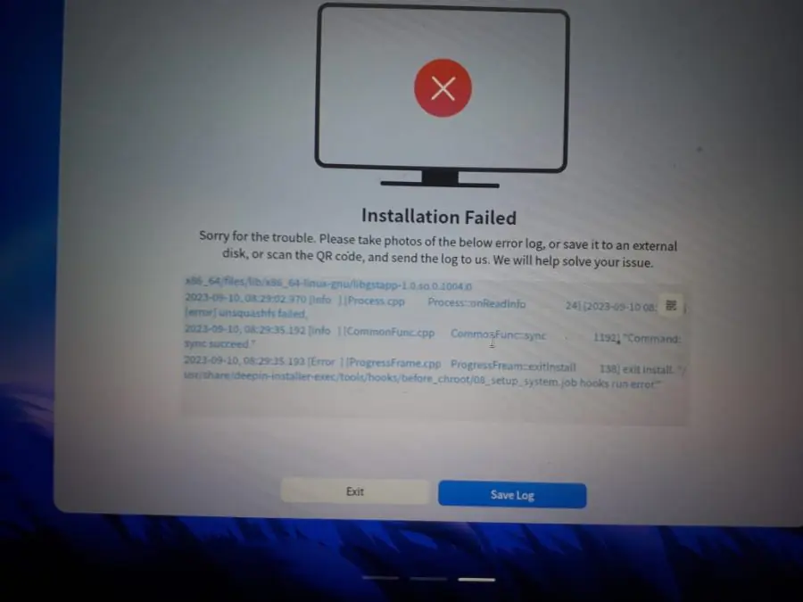 Deepin işletim sistemi kurulumu sırasında karşılaşılan tipik bir hata mesajını gösteren ekran görüntüsü.