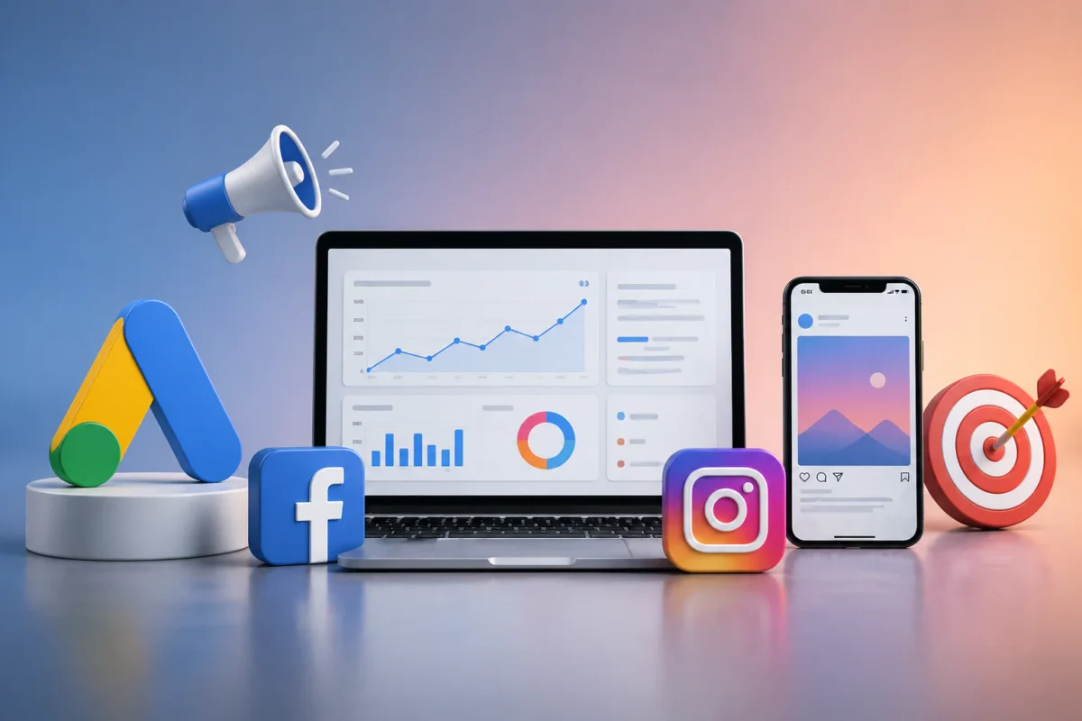 Dijital Reklam Platformları Google Ads Facebook ve Instagram reklam türlerini karşılaştıran görsel