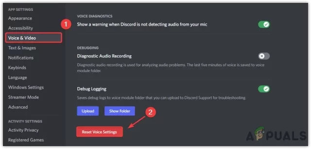 Discord ayarlarını sıfırlama adımlarını gösteren ekran görüntüsü.