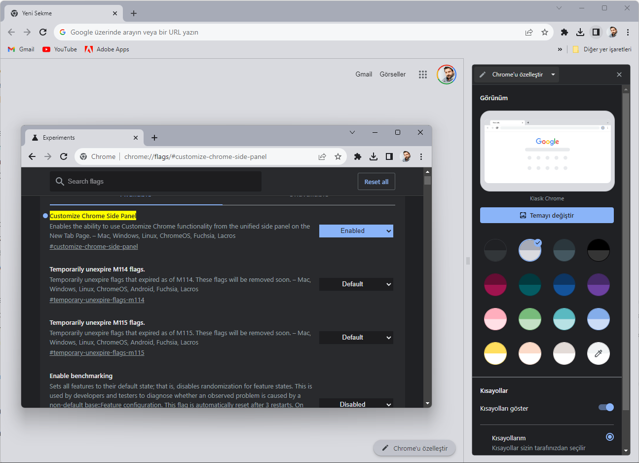 Chrome Özelleştirme Yan Paneli Etkinleştirme