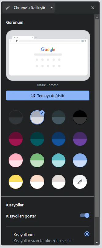 Chrome Özelleştirme Yan Paneli Etkinleştirme