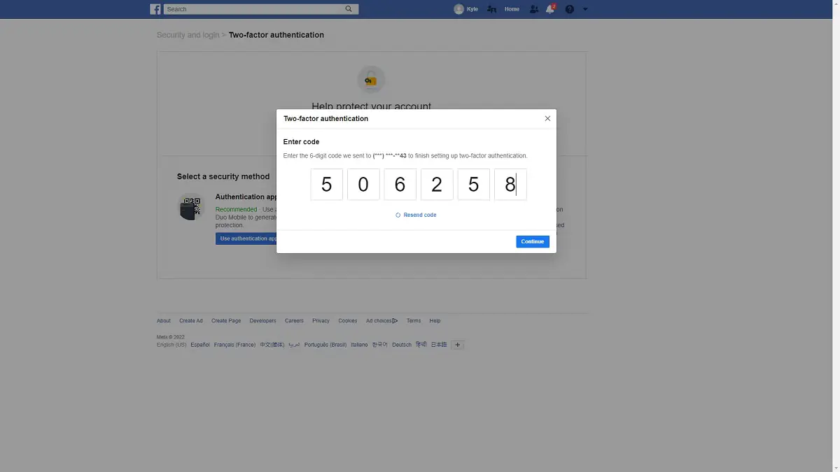 Facebook Çok Faktörlü Kimlik Doğrulama