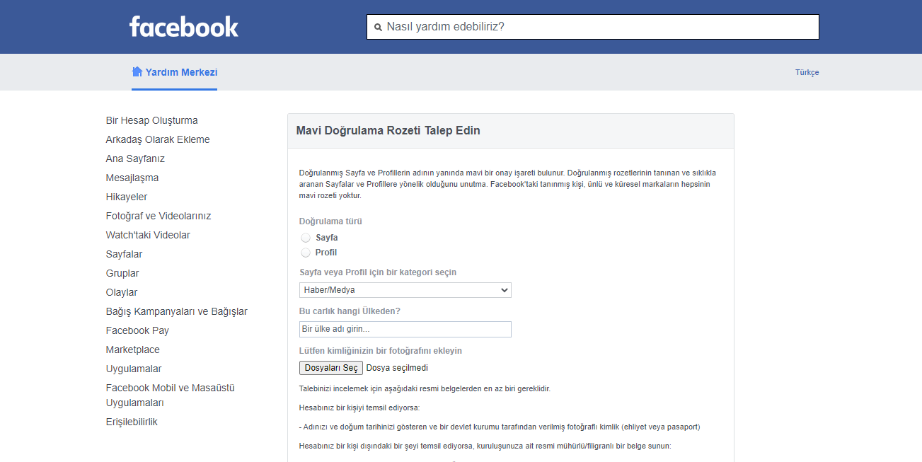 Doğrulanmış rozeti Facebook sayfasının veya profilin yanında görülmektedir.