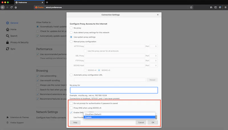 Firefox tarayıcısında DNS ayarlarını değiştirme adımları gösteren ekran görüntüsü.