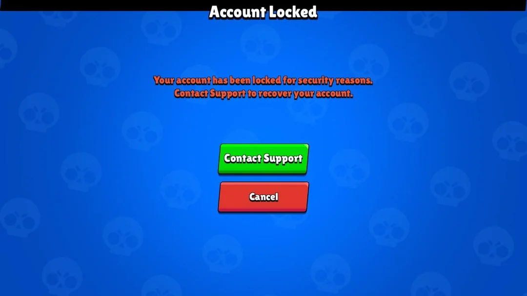 Brawl Stars giriş ekranında güvenlik nedeniyle erişimi engellenen bir hesabın hata mesajı.