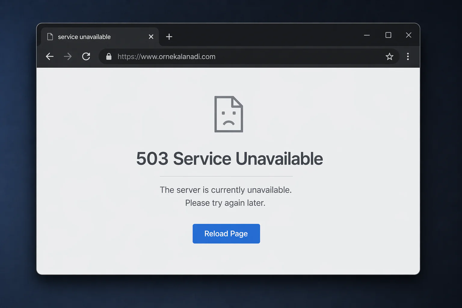 HTTP 503 hizmet kullanılamıyor hatası için tarayıcıda görünen sunucu hata ekranının görüntüsü