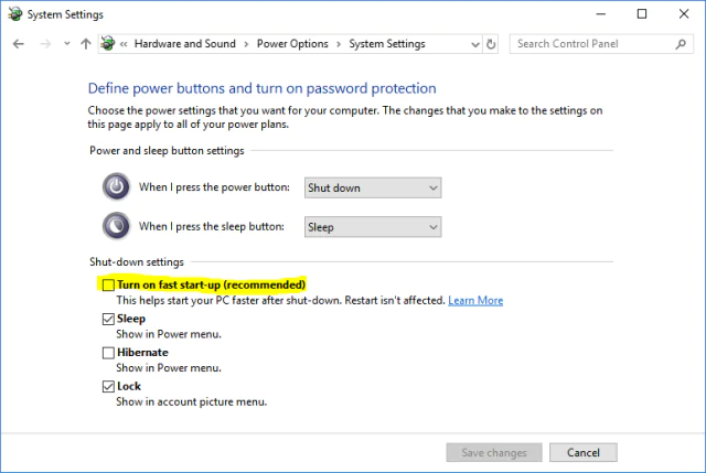 Hibernation ve Fast Startup özelliklerinin kontrol edildiği bir görsel.