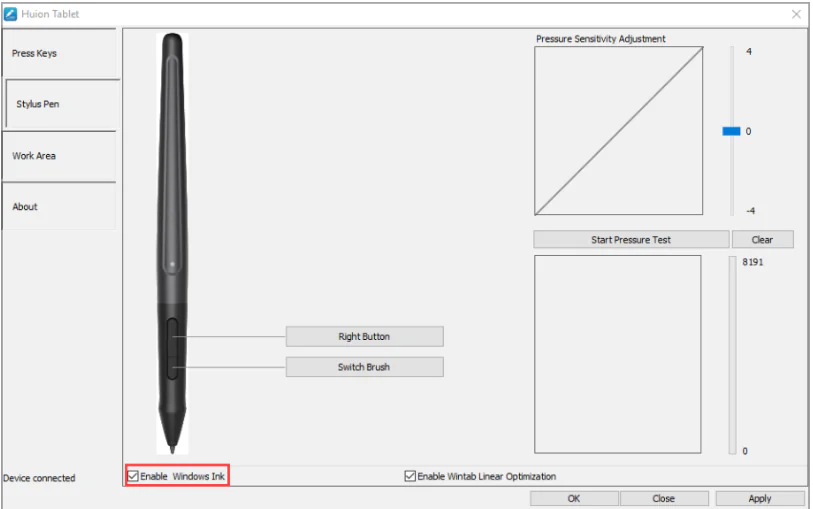 Huion yazılımındaki ayarları değiştirerek kalem basıncının tekrar çalışmasını sağlayabilirsiniz