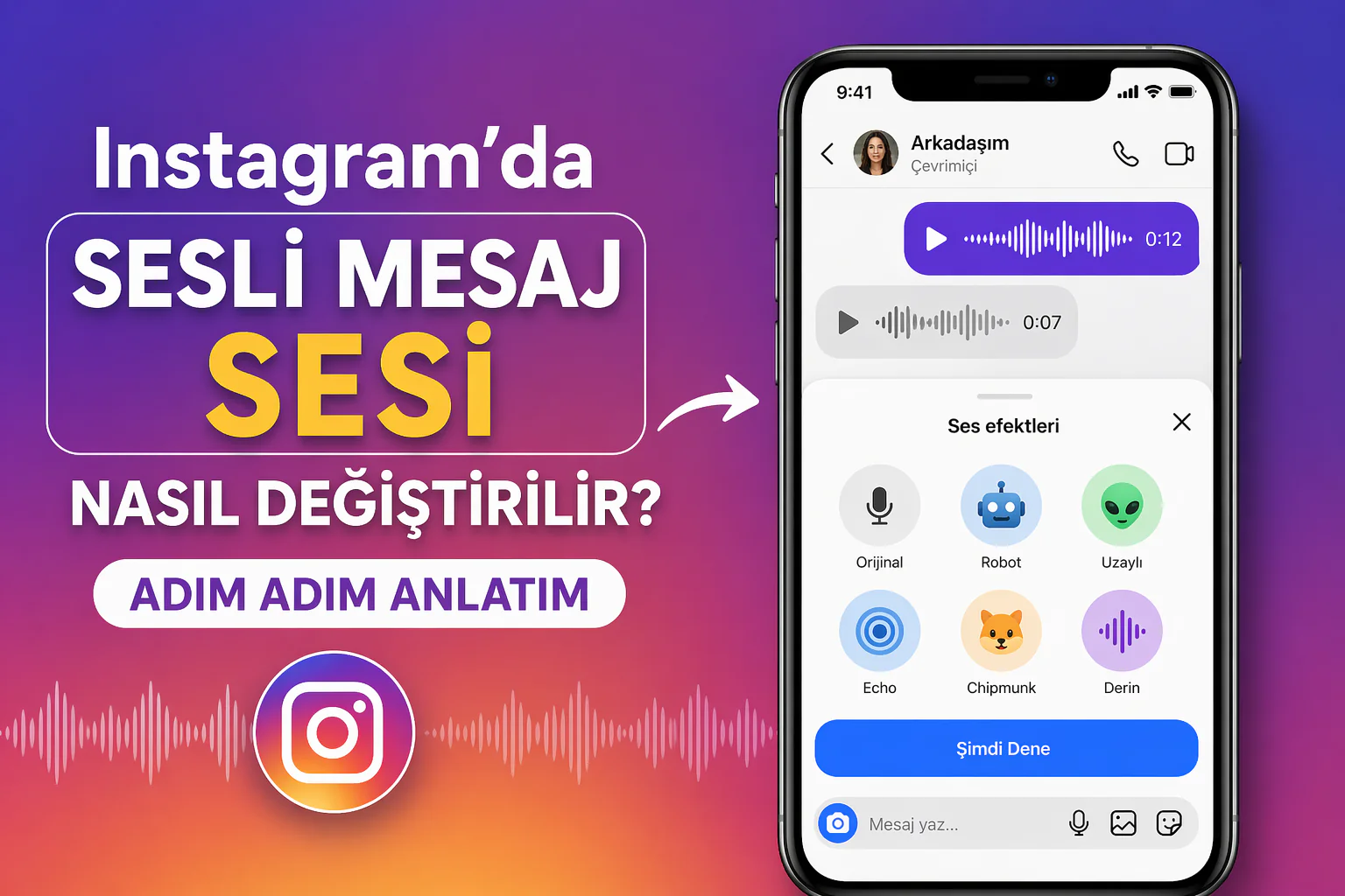 Instagram’da sesli mesaj sesi değiştirme ekranında farklı efekt seçenekleri seçilen sohbet görünümü