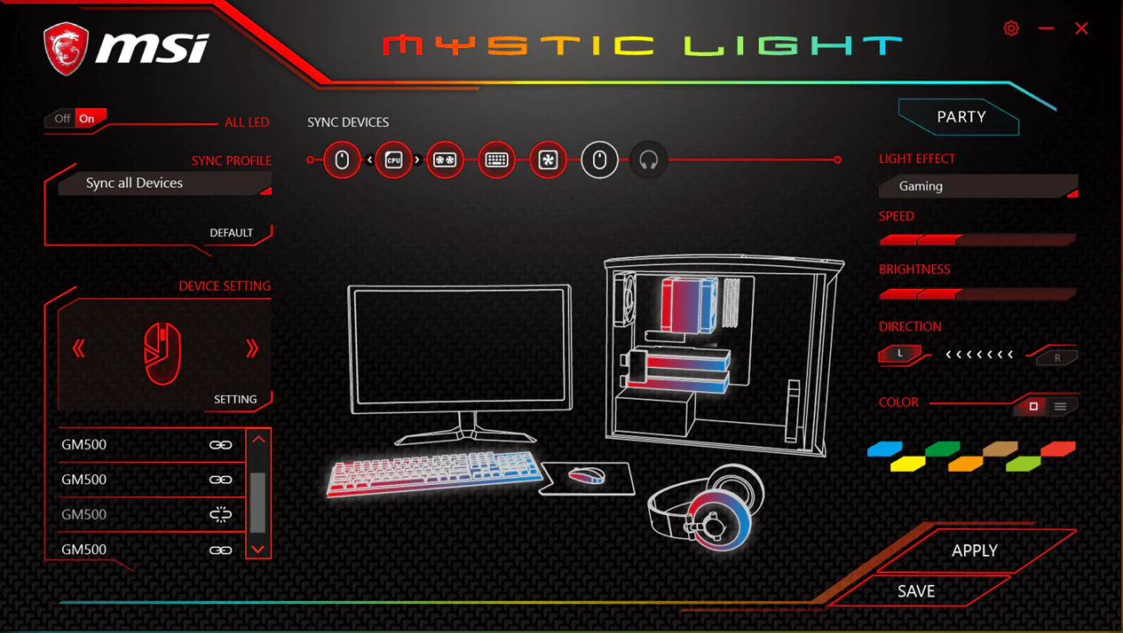 MSI Mystic Light yazılımını kullanarak anakart ve diğer bileşenlerin LED ışıklarını özelleştiren bir kullanıcının ekran görüntüsü.
