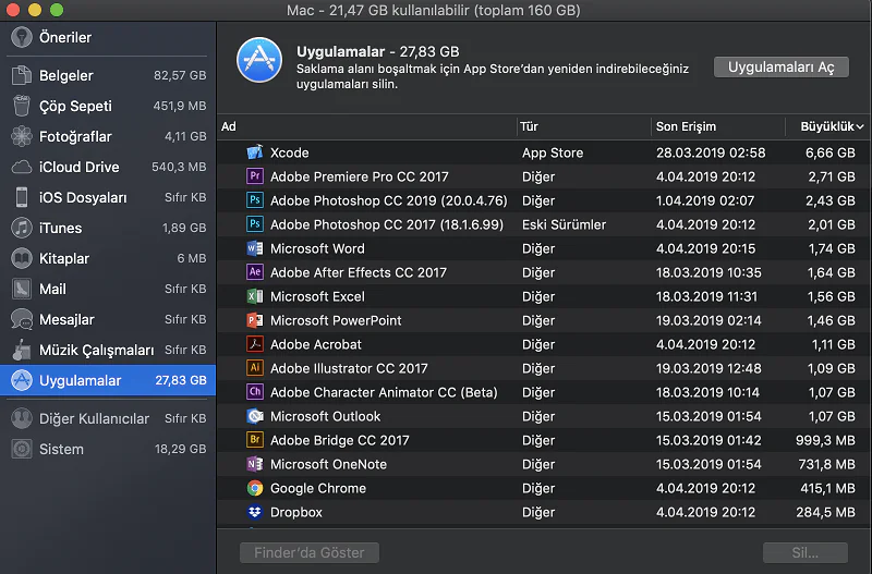 MacBook Sistem Depolama Alanı Boşaltma