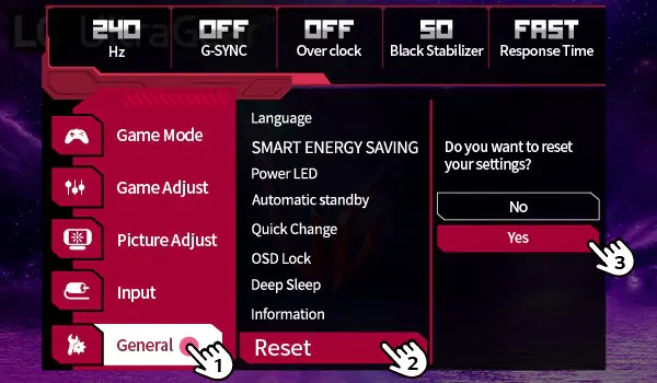 ASUS VG249Q1R monitörünü fabrika ayarlarına döndürme işlemi.