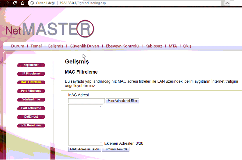 NetMASTER Modem MAC Filtreleme (Resimli Anlatım)
