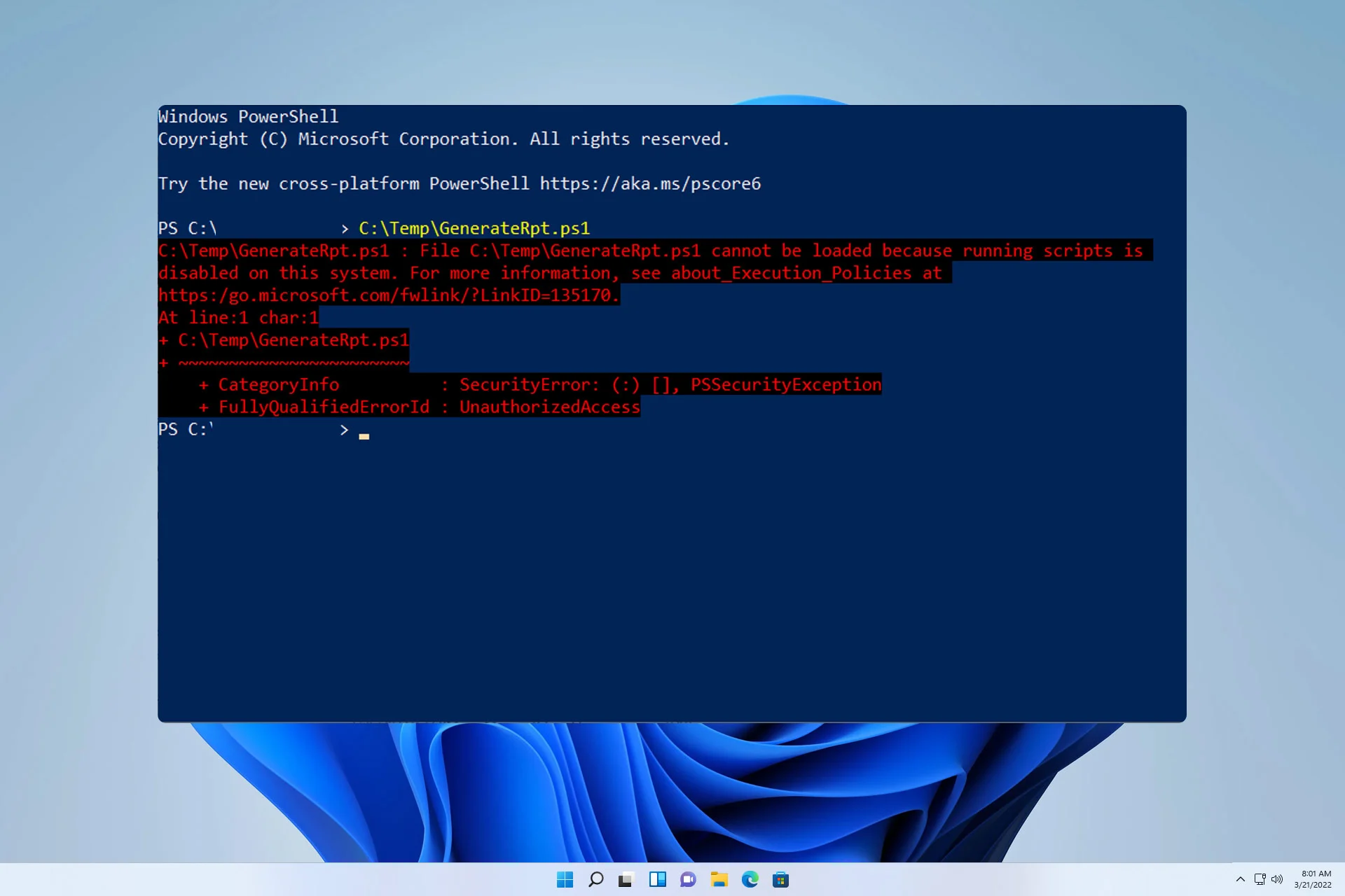 PowerShell'de komut dosyası çalıştırma engelini kaldırmak için ExecutionPolicy ayarlarını değiştirme adımlarını gösteren ekran görüntüsü