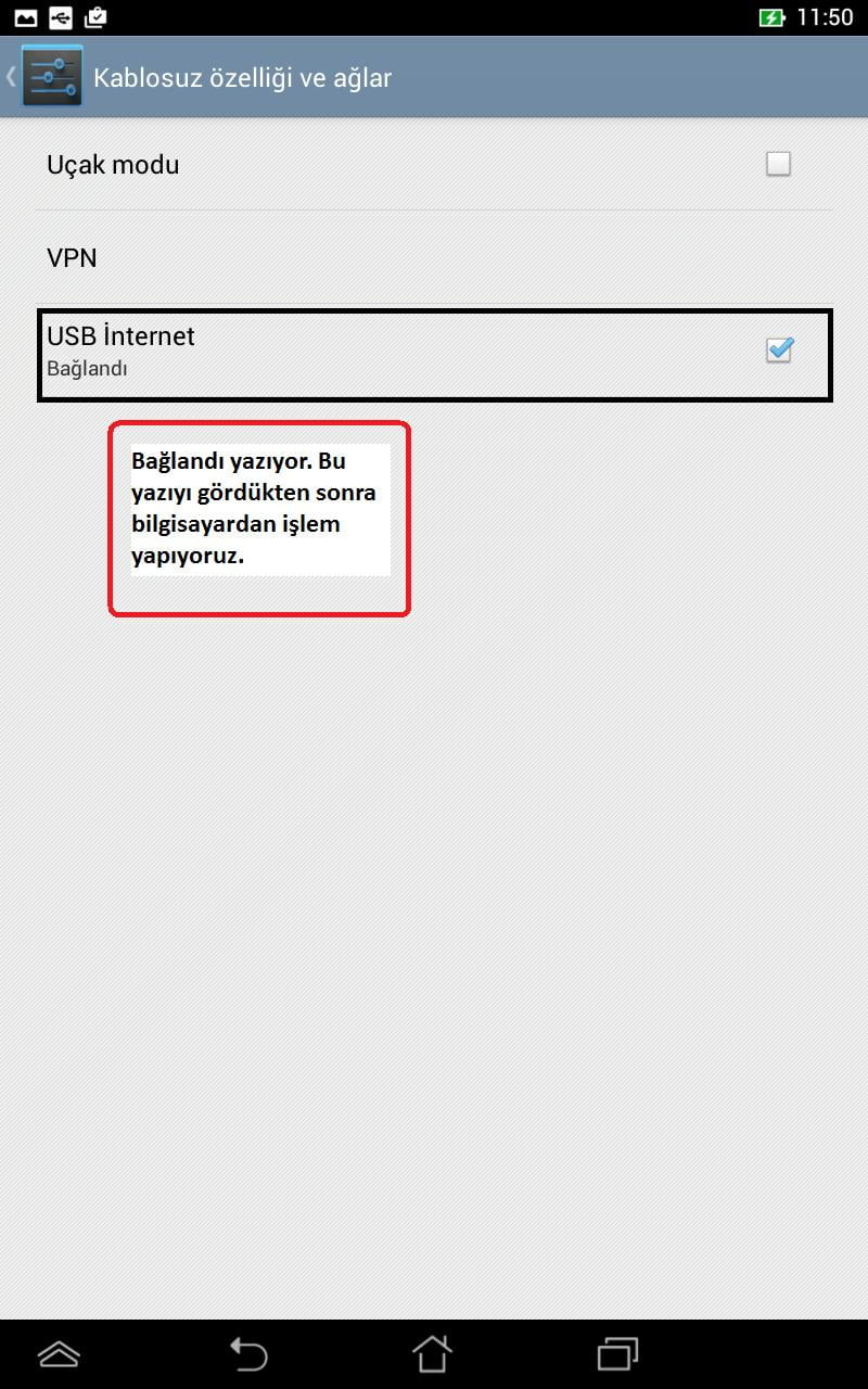Tabletlere usb internet etkinleştirme