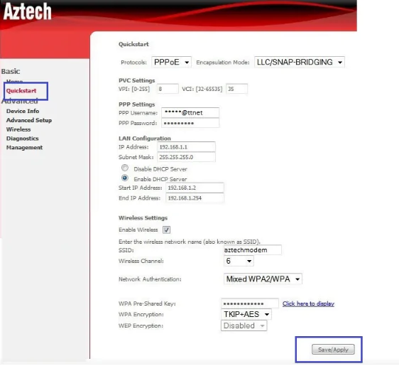 Aztech DSL1000EW Modem kurulumu