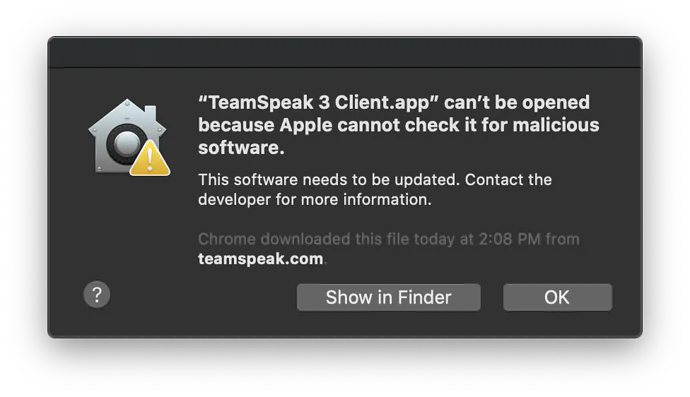Bilgisayar ekranında TeamSpeak3 logosu ve bir hata mesajı.