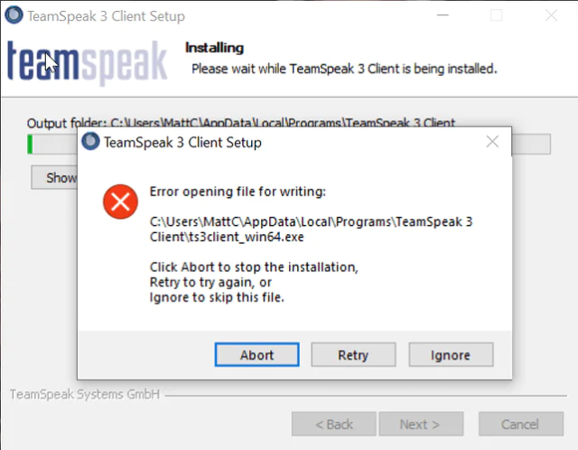 Bilgisayar ekranında TeamSpeak3 logosu ve bir hata mesajı.