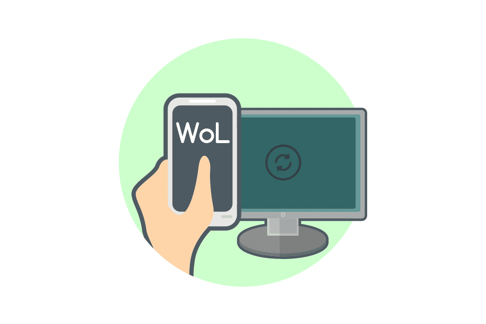 Wake-on-Lan özelliğinin nasıl kullanıldığını gösteren bir uygulama arayüzü, uzaktan bilgisayar açma işlemini simgeliyor.