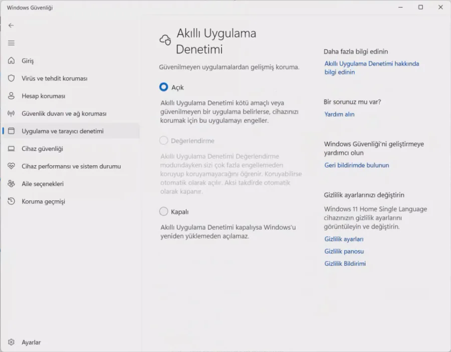Windows 11 Akıllı Uygulama Denetimi Kapatma