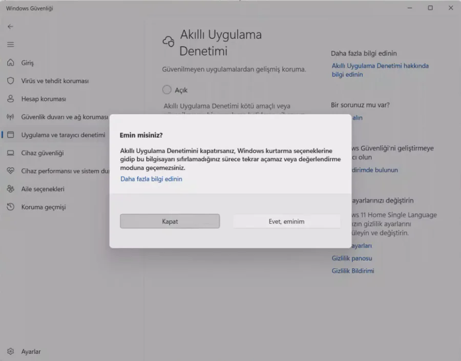 Windows 11 Akıllı Uygulama Denetimi Kapatma