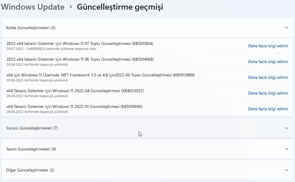 Windows Update ile Güncelleme Geçmişini Görüntüleme