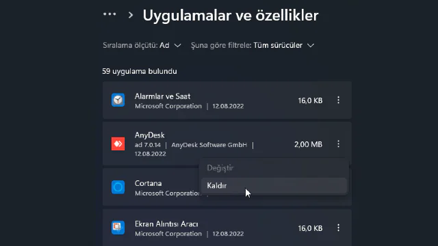 Windows 11 Uygulama Kaldırma