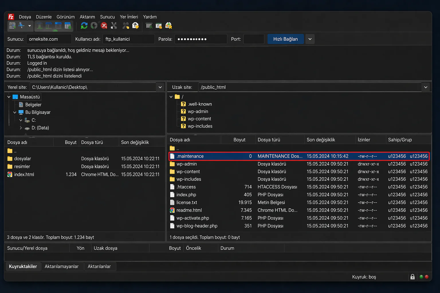 WordPress bakım modunda takılı kalması için FTP istemcisinde .maintenance dosyasının kök dizindeki görüntüsü