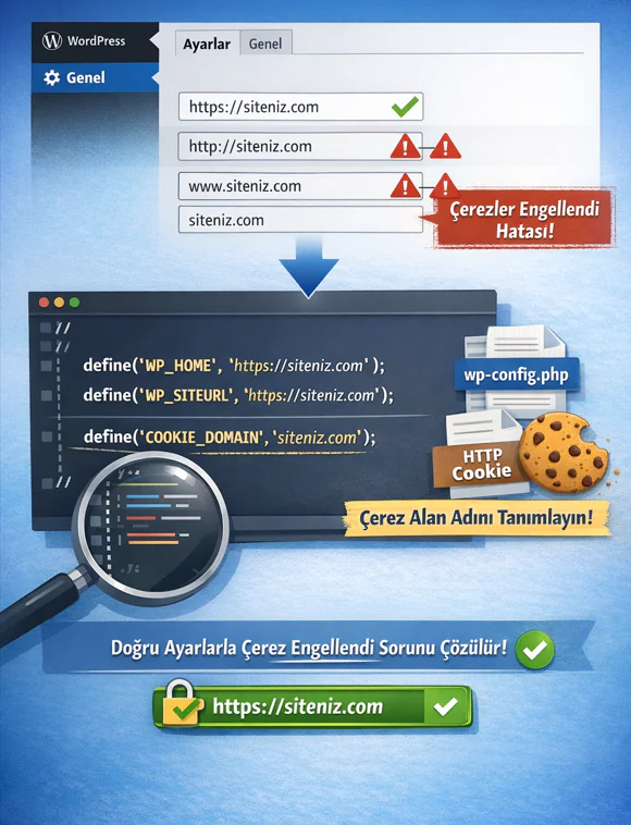 URL ve Çerez Alan Adı Ayarları WordPress'te Site Adresi (URL) ve WordPress Adresi (URL) birbirine tam olarak uymalıdır. Biri https:// diğeri http:// ile başlıyorsa veya biri www ile diğeri olmadan tanımlıysa Çerezler Engellendi Hatası kaçınılmazdır. Yönetici paneline girebiliyorsanız Ayarlar > Genel bölümünden bu iki değeri kontrol edin. Giremiyorsanız wp-config.php dosyasına şu satırları ekleyin: define('WP_HOME', 'https://siteniz.com'); define('WP_SITEURL', 'https://siteniz.com'); Ayrıca çerez alan adını açıkça tanımlamak da Çerezler Engellendi Hatası çözmede etkili olabilir. Aynı dosyaya define('COOKIE_DOMAIN', 'siteniz.com'); satırını ekleyerek çerezlerin hangi alan adında geçerli olacağını belirtebilirsiniz.