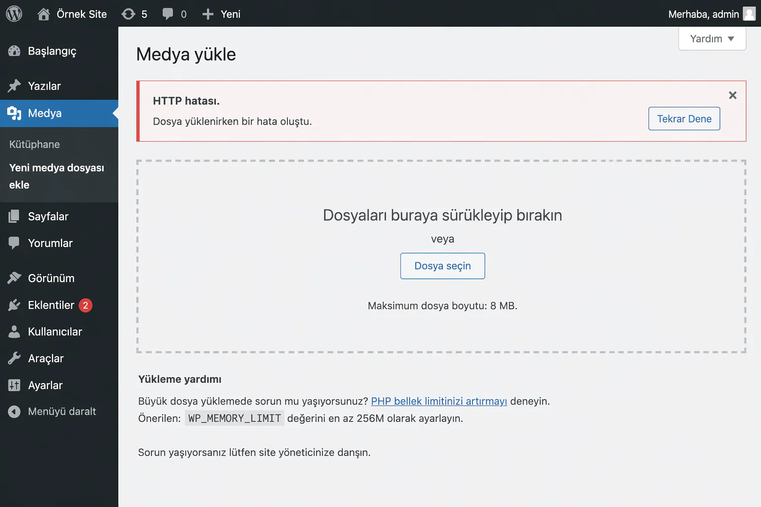 WordPress HTTP hatası çözümü için medya kütüphanesi yükleme ekranındaki hata mesajının görüntüsü