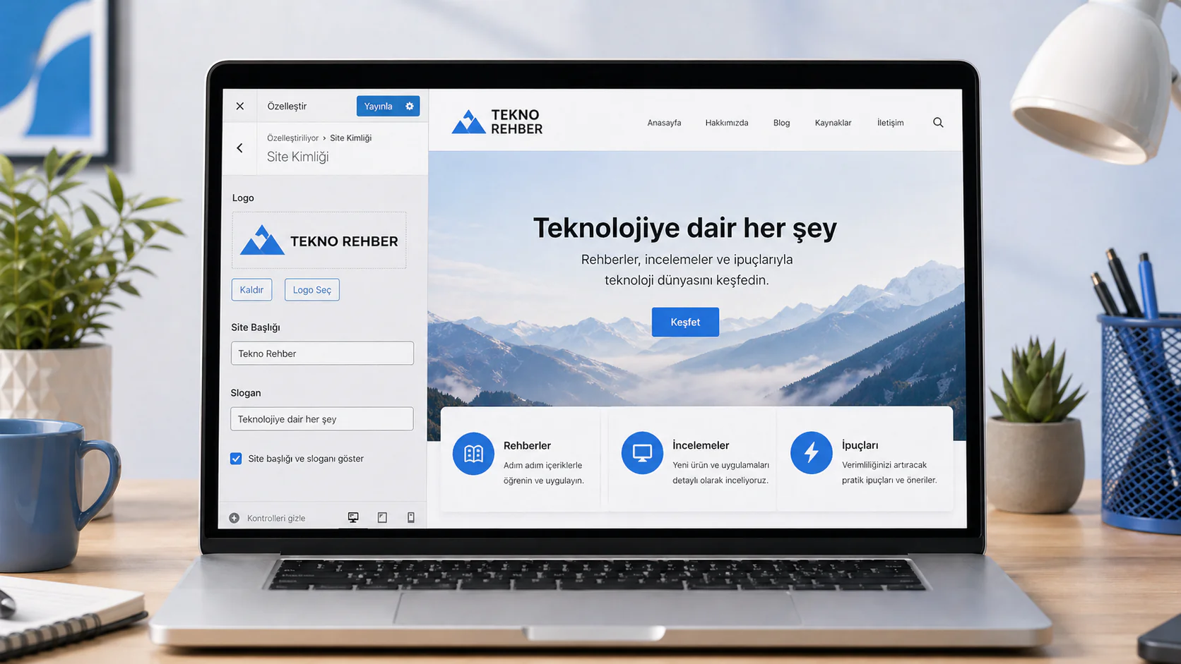 WordPress sitenizin başlığını düzenlerken logo, menü ve site kimliği ayarlarını gösteren ekran