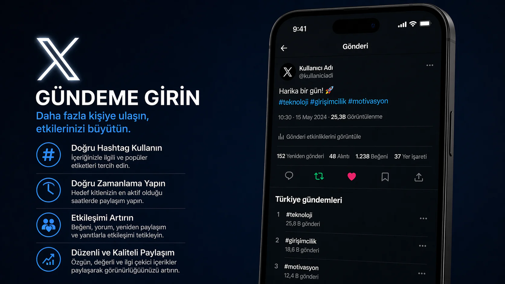 X uygulamasında gündeme girme için hashtag ve etkileşim ekranı