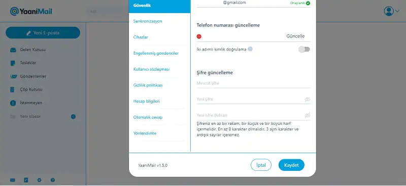 Yaanimail şifre değiştirme