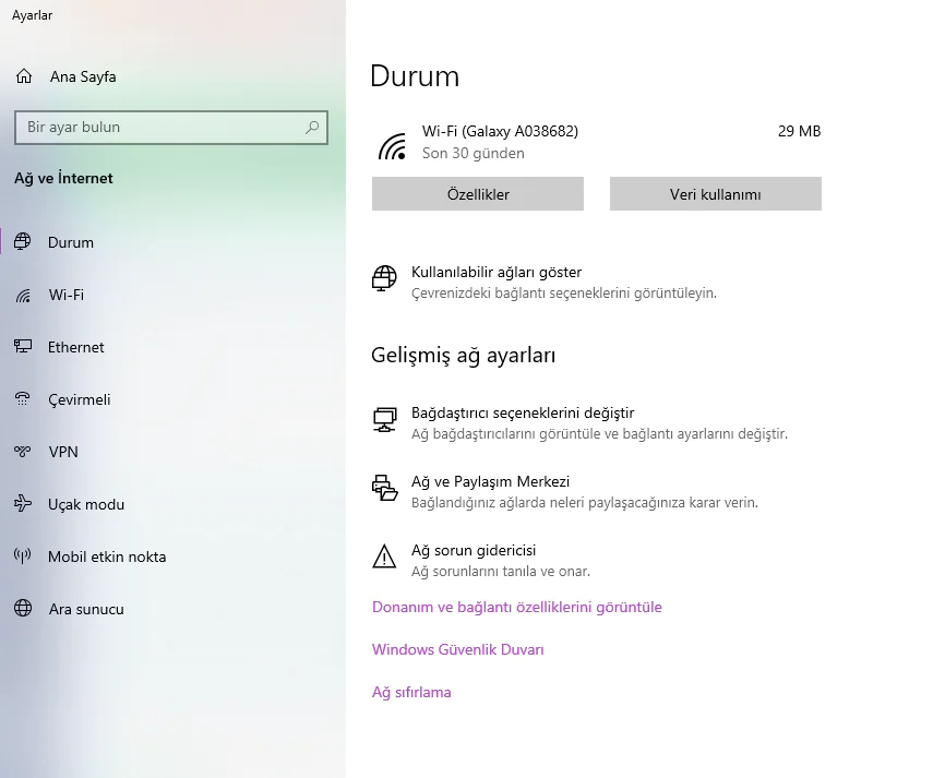Ağ Ayarlarını Sıfırlama