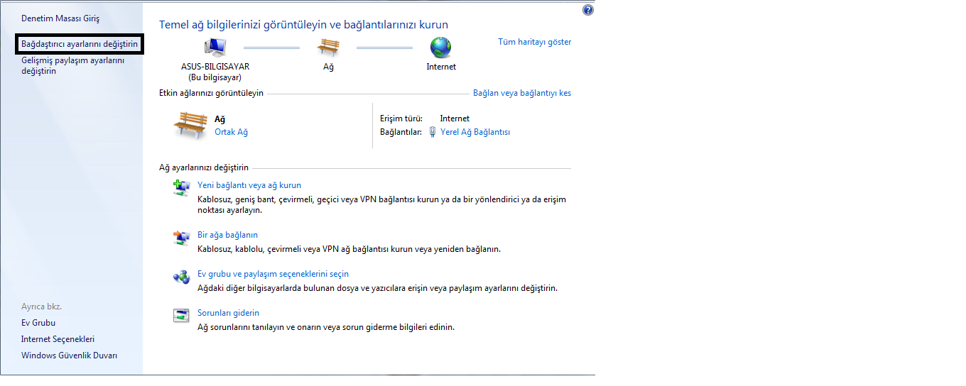bağdaştırıcı ayarlarını değiştirme