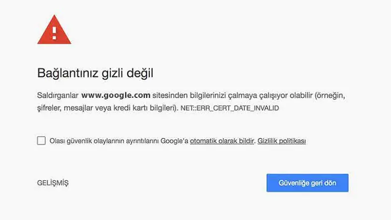 bağlantınız gizli değil uyarı mesajı