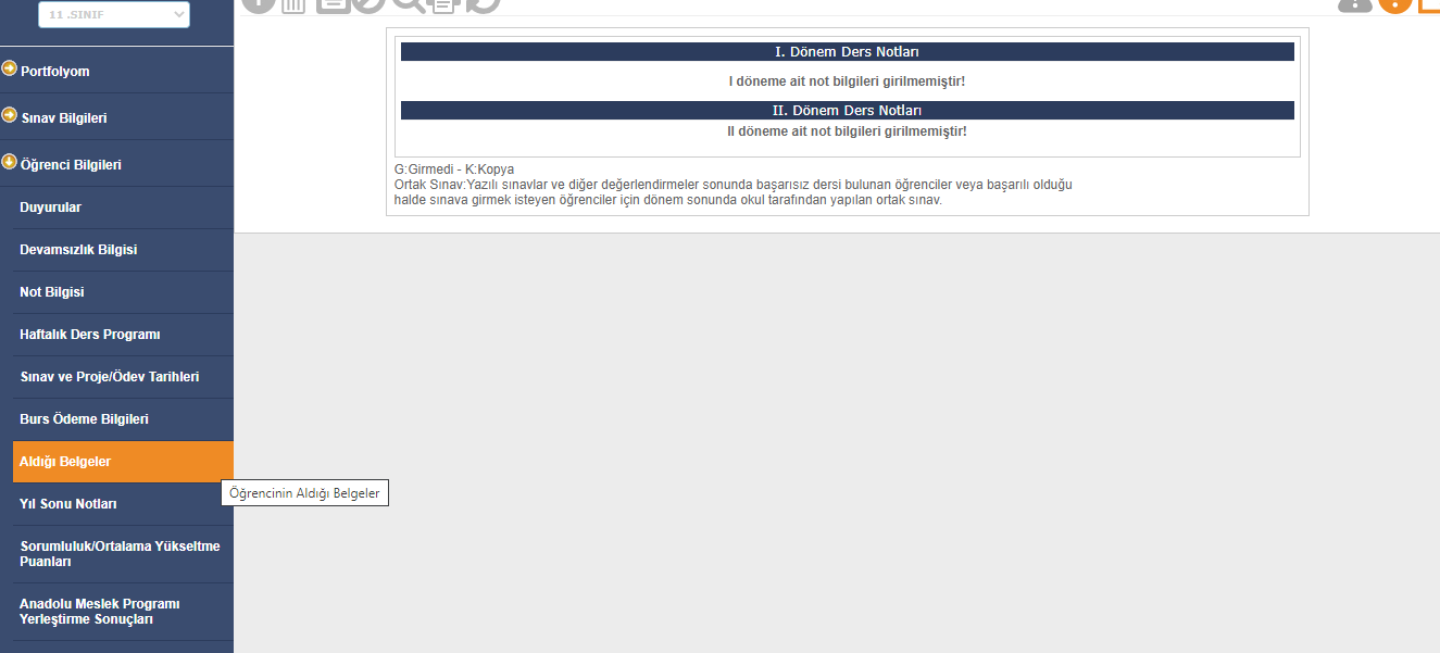 e-Okul belgeler menüsü taktir teşekkür belgeleri