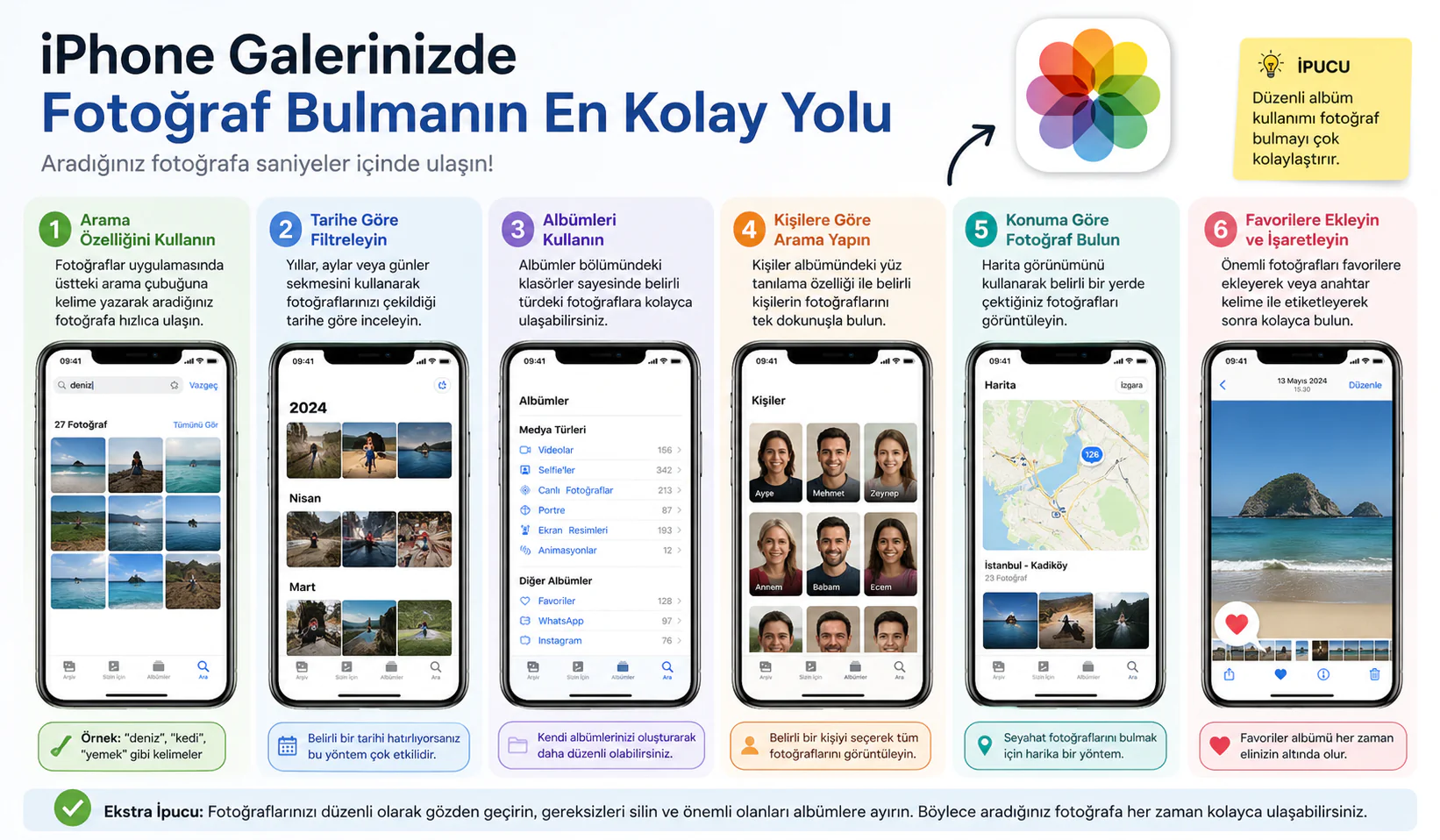 iPhone galerinizde fotoğraf bulma için arama çubuğu kullanan bir kullanıcı