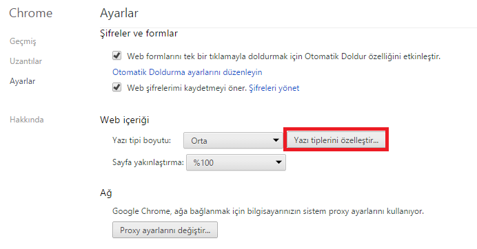 Tarayıcıda Yazı Fontu ayarları